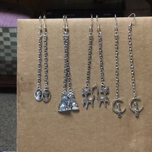 CAT Charm fishhook earwire earrings, long dangle earrings w/silver metal chain